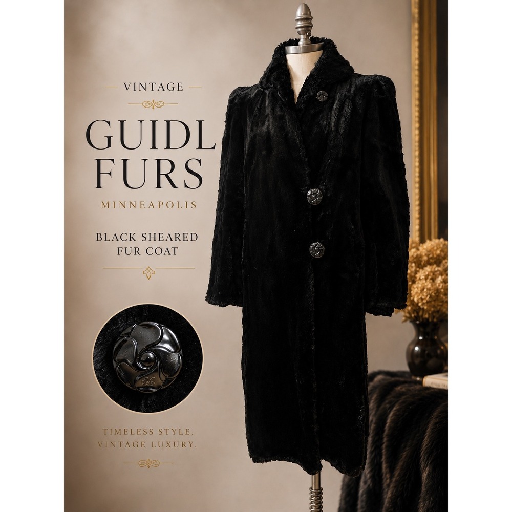 Vintage Guidl Furs Minneapolis Black Sheared Fur Coat Ornate Buttons Mid-Length